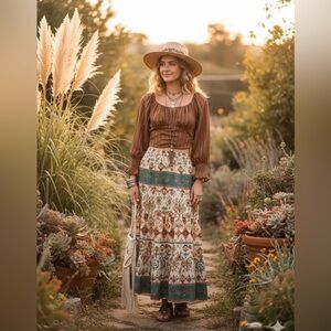 Frill Trim Bohemian Chic Brown Striped Crop Top Blouse Smocked Cuffs Size Large